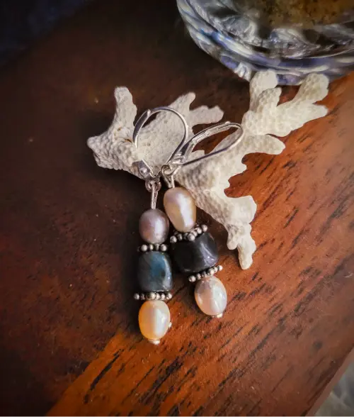 Pearl Onyx Dangle Earrings pearl and black onyx dangle earrings in 925 sterling silver with leverback closure