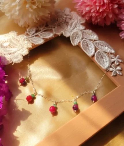 green and pink onyx beaded necklace in 925 sterling silver dual tone gemstone chain