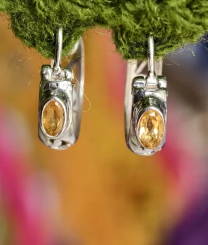 citrine silver hoop earrings in 925 sterling silver with oval bezel set gemstone