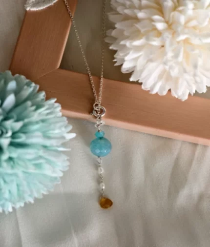 blue onyx pearl necklace in 925 sterling silver with tourmaline drop pendant