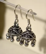 silver jhumka earrings in 925 sterling silver with oxidized detailing and bead drops