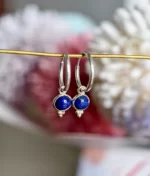 lapis lazuli silver hoop earrings in 925 sterling silver with round cabochon detachable charm