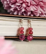 pink onyx silver dangle stud earrings in 925 sterling silver with layered faceted beads