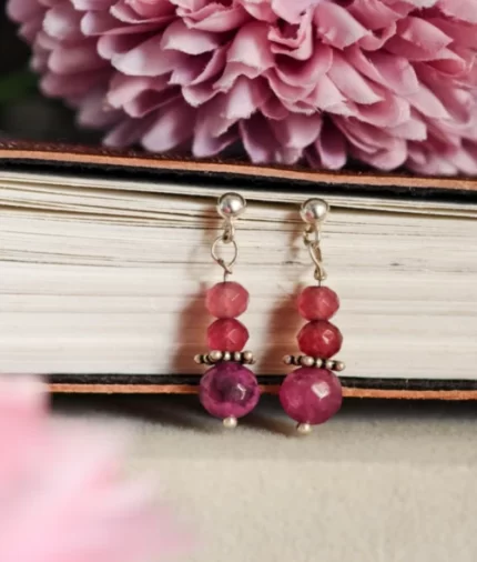 pink onyx silver dangle stud earrings in 925 sterling silver with layered faceted beads