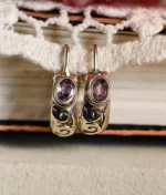 amethyst silver hoop earrings in 925 sterling silver with oval bezel set gemstone and floral design