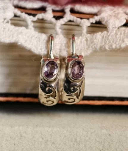amethyst silver hoop earrings in 925 sterling silver with oval bezel set gemstone and floral design