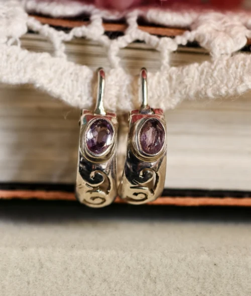 Amethyst Silver Hoop Earrings amethyst silver hoop earrings in 925 sterling silver with oval bezel set gemstone and floral design