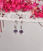 amethyst silver hoop earrings in 925 sterling silver with round cabochon detachable charm