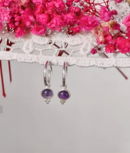 amethyst silver hoop earrings in 925 sterling silver with round cabochon detachable charm