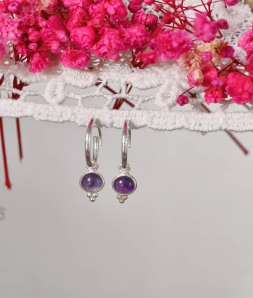 Amethyst Silver Hoop Earrings amethyst silver hoop earrings in 925 sterling silver with round cabochon detachable charm