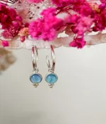 blue chalcedony silver hoop earrings in 925 sterling silver with round cabochon detachable charm