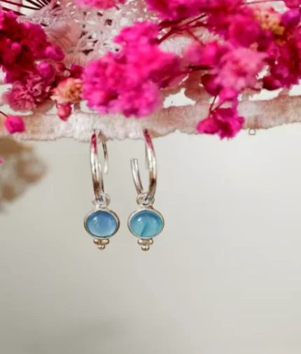 blue chalcedony silver hoop earrings in 925 sterling silver with round cabochon detachable charm