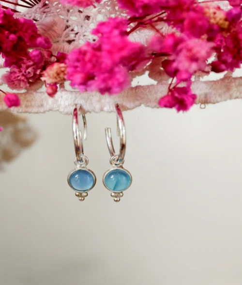 Blue Chalcedony Silver Hoop Earrings blue chalcedony silver hoop earrings in 925 sterling silver with round cabochon detachable charm