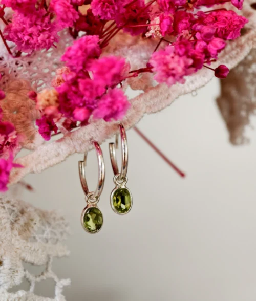 Peridot Silver Hoop Earrings peridot silver hoop earrings in 925 sterling silver with oval detachable gemstone charm