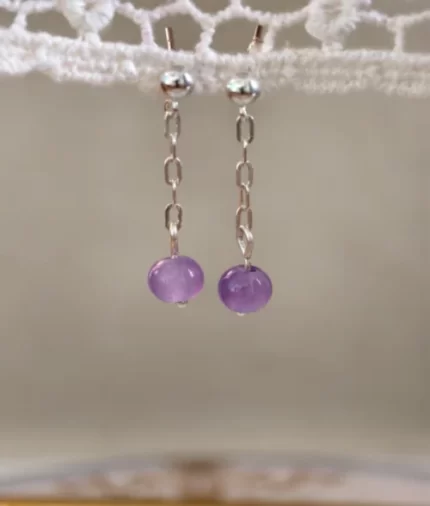 amethyst silver dangle stud earrings in 925 sterling silver with chain and round gemstone