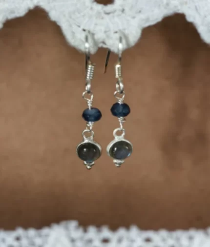 blue agate and labradorite silver hook earrings in 925 sterling silver dual gemstone design