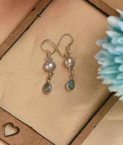 pearl and blue topaz dangle earrings in 925 sterling silver with teardrop gemstone