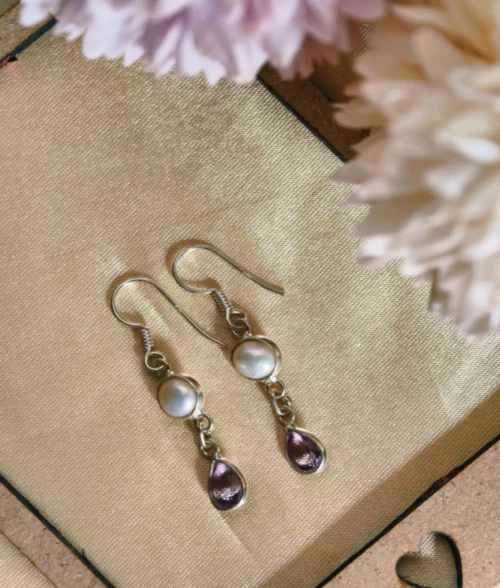Pearl Amethyst Dangle Earrings pearl and amethyst dangle earrings in 925 sterling silver with teardrop gemstone
