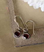 garnet silver hook earrings in 925 sterling silver with round cabochon gemstone