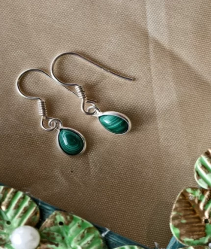 malachite silver hook earrings in 925 sterling silver with teardrop gemstone