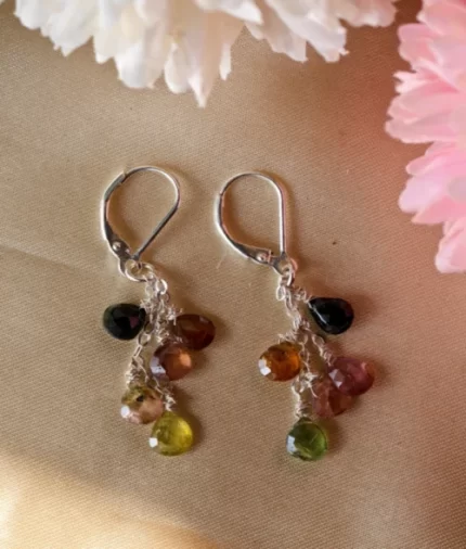 multicolor tourmaline dangle hook earrings in 925 sterling silver with teardrop gemstones