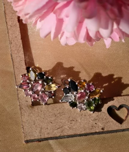 multicolor tourmaline cluster silver earrings in 925 sterling silver with marquise and teardrop stones