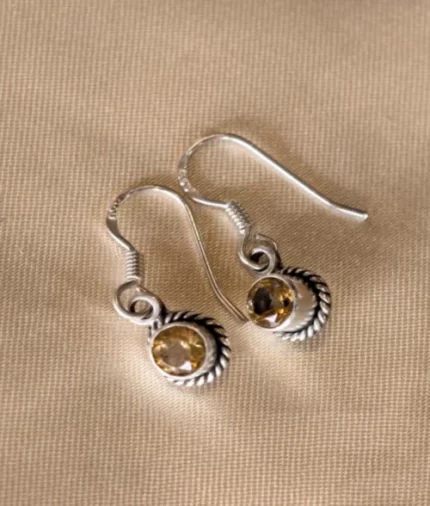 citrine silver hook earrings in 925 sterling silver with round cabochon gemstone