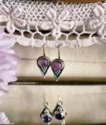 amethyst silver hook earrings in 925 sterling silver with round cabochon gemstone