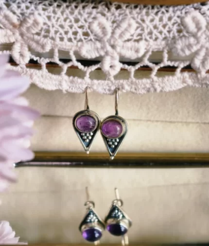 amethyst silver hook earrings in 925 sterling silver with round cabochon gemstone
