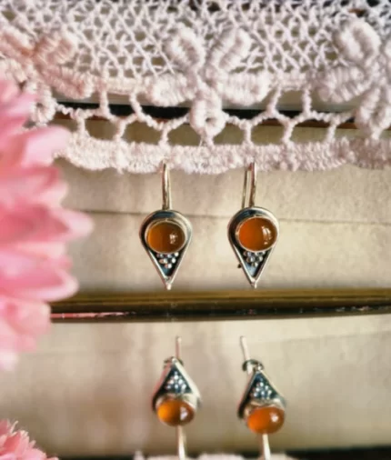 carnelian silver hook earrings in 925 sterling silver with round cabochon gemstone