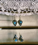 labradorite silver hook earrings in 925 sterling silver with round cabochon gemstone