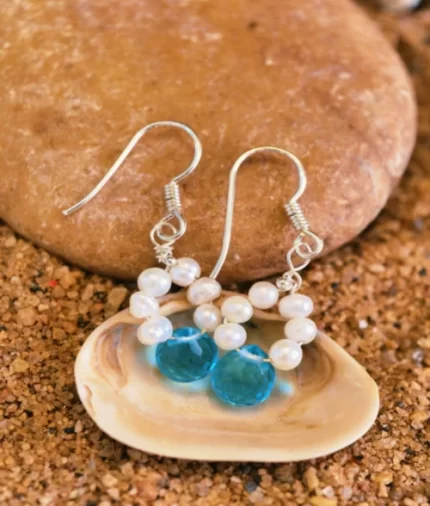 freshwater pearl blue quartz dangle earrings in 925 sterling silver with teardrop gemstone