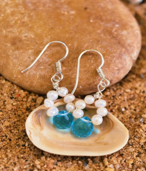 Pearl Blue Quartz Dangle Earrings freshwater pearl blue quartz dangle earrings in 925 sterling silver with teardrop gemstone