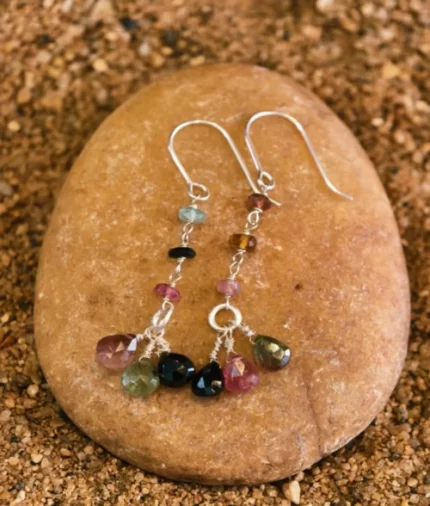 multicolor tourmaline silver dangle earrings in 925 sterling silver with teardrop gemstones