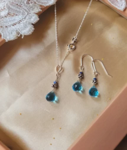 92.5 sterling silver tear drop blue quartz necklace set