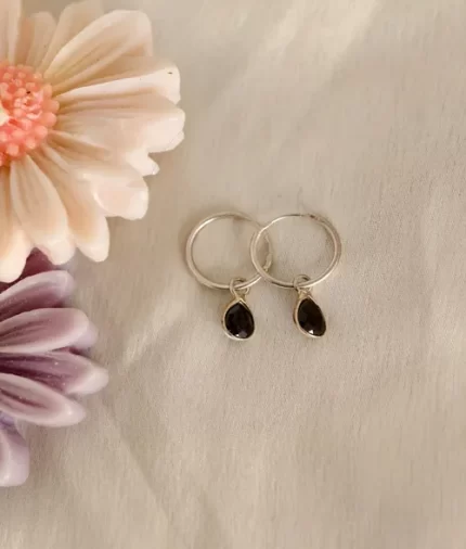 925 silver black onyx teardrop hoops