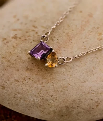 amethyst citrine silver necklace in 925 sterling silver with dual gemstone design