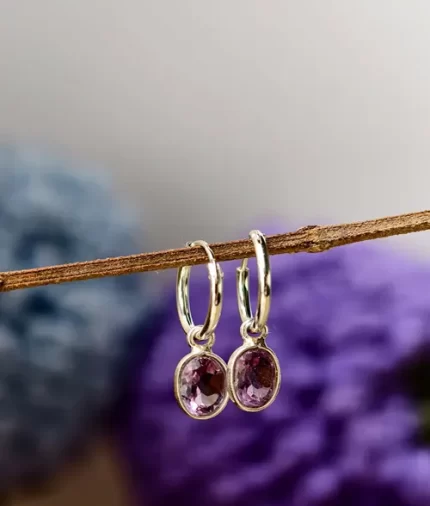 925 sterling silver amethyst oval hoop earrings with faceted gemstone drop charm