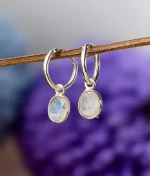 925 sterling silver rainbow moonstone oval hoop earrings with gemstone drop charm