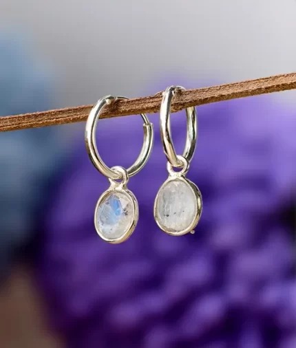 925 sterling silver rainbow moonstone oval hoop earrings with gemstone drop charm