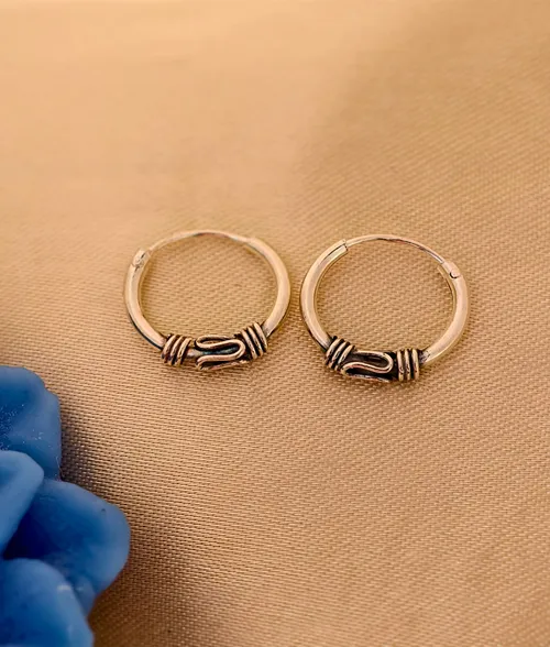 Silver Mini Hoop Earrings in 925 Sterling Silver 925 sterling silver rustic mini hoop earrings with oxidised handcrafted detailing