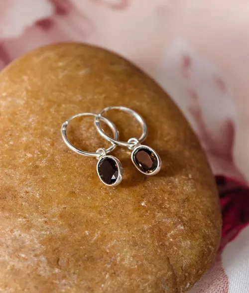 Smokey Topaz Charm Hoop Earrings by Shriha 925 sterling silver smokey topaz oval charm hoop earrings
