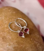 925 sterling silver garnet charm hoop earrings with round faceted gemstone