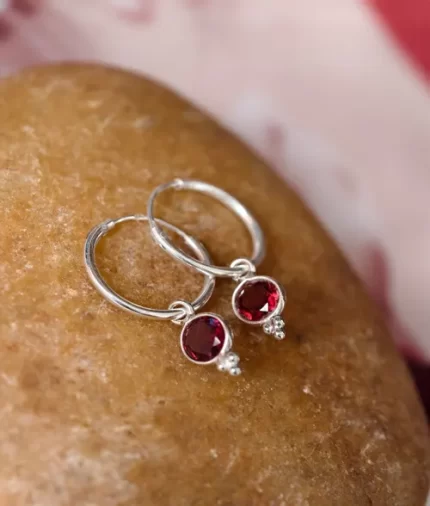 925 sterling silver garnet charm hoop earrings with round faceted gemstone