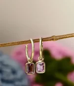925 sterling silver amethyst hoop earrings with emerald cut rectangular amethyst gemstone charm