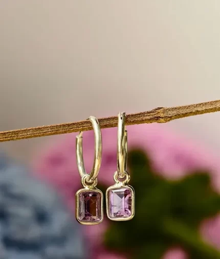 925 sterling silver amethyst hoop earrings with emerald cut rectangular amethyst gemstone charm