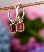 925 sterling silver garnet hoop earrings with emerald cut red garnet gemstone charm