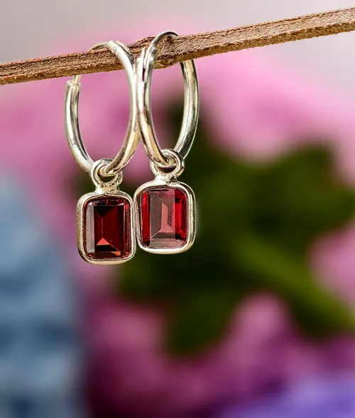 Garnet Radiance Hoops - 925 Sterling Silver Garnet Hoop Earrings 925 sterling silver garnet hoop earrings with emerald cut red garnet gemstone charm
