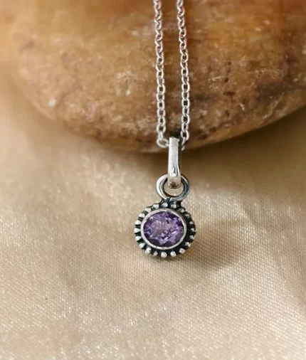 925 sterling silver amethyst pendant with round cut gemstone and handcrafted rawa work border