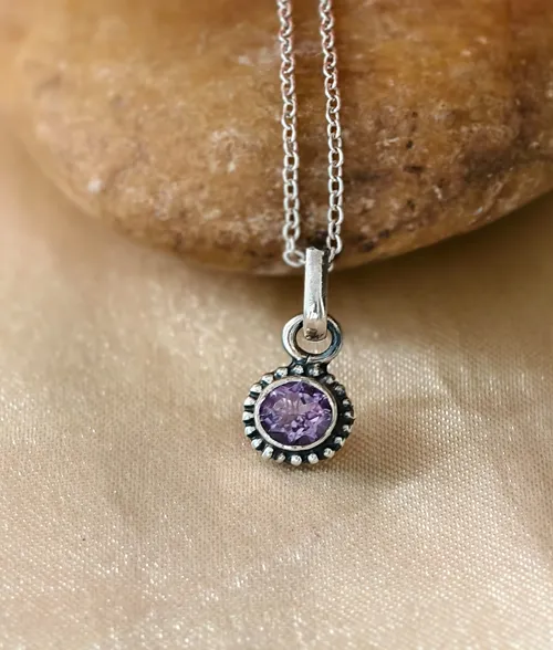 Amethyst Rawa Pendant - 925 Sterling Silver Gemstone Pendant 925 sterling silver amethyst pendant with round cut gemstone and handcrafted rawa work border
